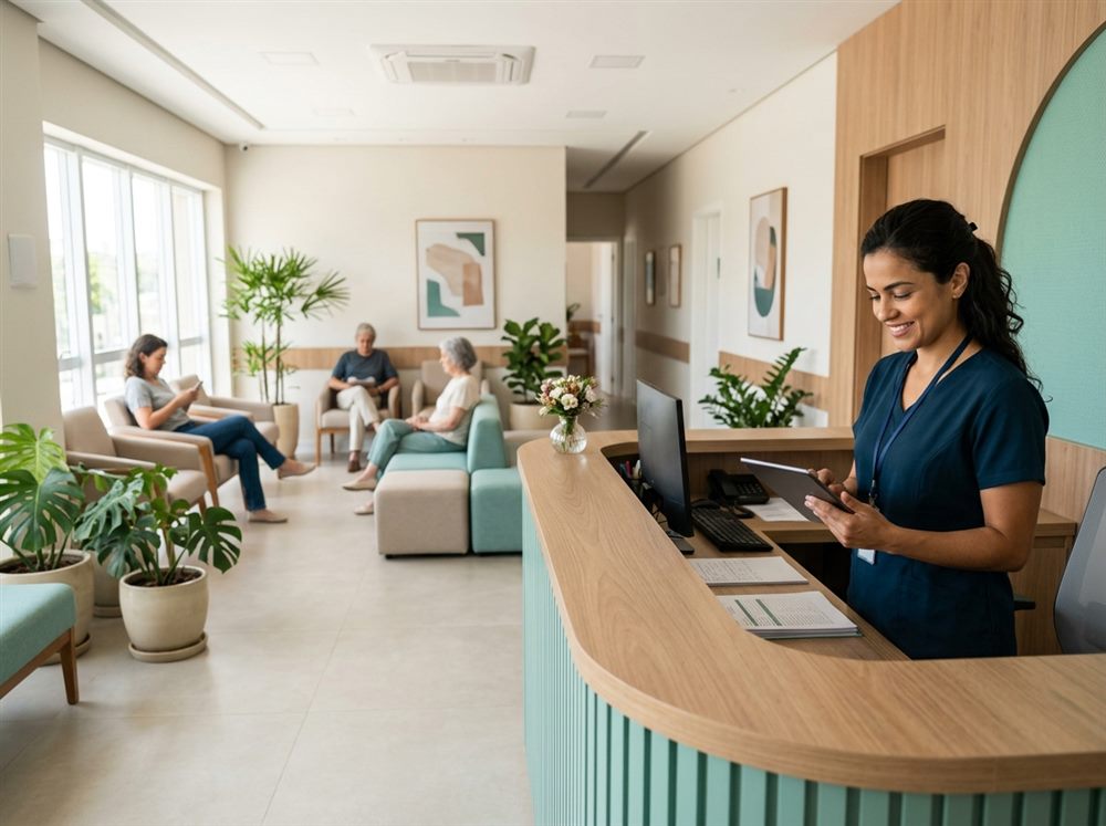 Recepcionista sorrindo com um tablet no balcão de uma clínica clara e tranquila